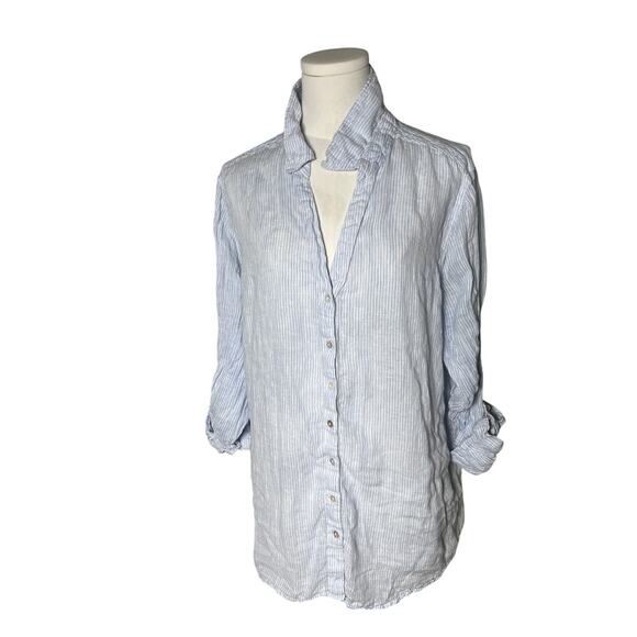 Sigrid Olsen 2X Linen Button Down‎ Blue White Stripe Repair Butterfly Embroidery - Picture 1 of 9